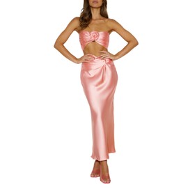 Women's 2 Piece Summer Outfits - 3D Flowers Ruched Satin Bandeau Top & Skirt Set, Streetwear Aesthetic Clothes, Pink, Large