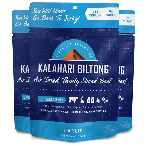 Garlic Kalahari Biltong, Air-Dried Thinly Sliced Beef, 2oz (Pack of 3), Sugar Free, Gluten Free, Keto & Paleo, High Protein Snack