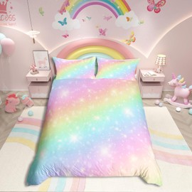 Homewish Rainbow Duvet Cover For Kids Girls Teens Tie Dye Pastel Bedding Set Single Size Golden Glitter Girly Sweet Comforter Abstract Watercolor Art Bedspread Bedroom Decor 2 Piece