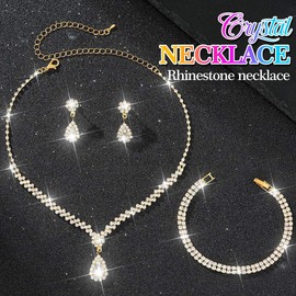 Aukmla Crystal Bridal Wedding Jewelry Set Silver Rhinestones Bridal Necklaces Earrings Bracelet Sets Prom Jewelry for Women and Brides (Gold)