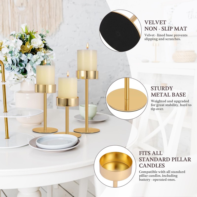 Pillar Candle Holders Set of 3, 3.15" Diameter Gold Candlestick