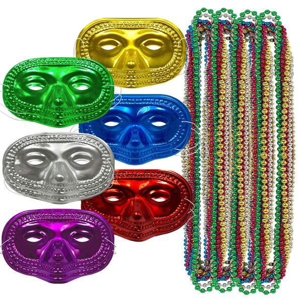 AnapoliZ Mardi Gras Masks 12pcs | Mardi Gras Beads 12 Pcs | Masquerade Set 24 pcs Total | Assorted Metallic Colors Carnival Half Masks | Assorted Metallic 33” Inch Beaded Necklaces