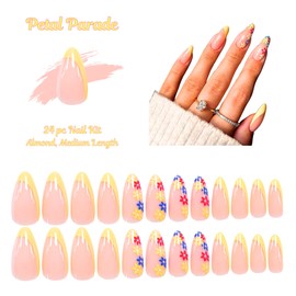 Petal Parade Press-On Nails – Glossy Pink French Tips, Medium Long Fashion False Nails, Reusable 24-Piece DIY Kit with Nail Glue & Tabs – No Damage, Salon Look at Home