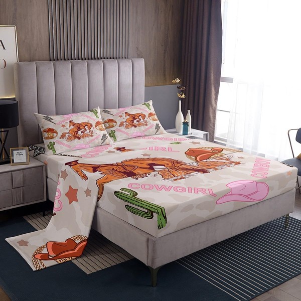 Western Cowboy Bed Sheet Set for Boys Girls,Pink Cowgirl Hat
