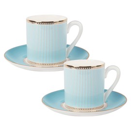 YALONG Coffee Cup and Saucer Sets - 7 Oz Bone China Glazed Lake Blue Gold edge Tea Cup and Saucer - Ideal for Women's Tea Party or Gift Giving (2 Pack)
