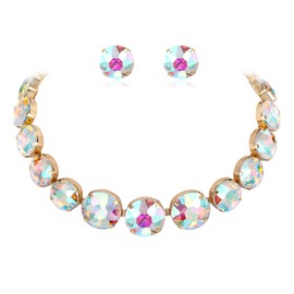 Flyonce Women's Crystal Necklace and Earrings, Round Rhinestone Choker with Stud Iridescent Crytal Wedding Party Statement Jewelry Sets