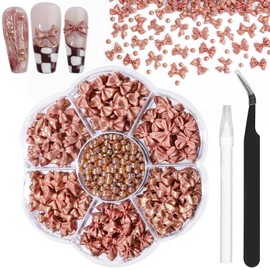 Kikonoke 420PCS Bow Nail Charms Kit with Half Pearls, 3D Acrylic Nail Gems Rhinestones, Pickup Tools for Nail Art Design, DIY Crafts, Valentine Gifts