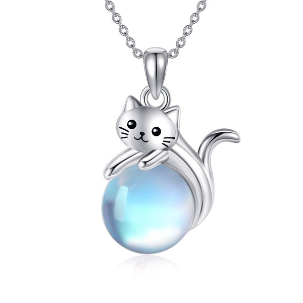 CUPENDA Moonstone Cat Necklace Sterling Silver Cute Cat Pendant Animal