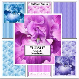 NORTHCOTT, HILARY MAYES, "LUSH", LARGE IRIS PANELS, FLOWERS, PETALS FABRICS - E. VIOLET PETALS 1/2 YD