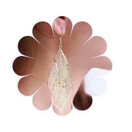 Inilbran Boho Filigree Leaf Dangle Drop Earrings Vintage Cluster Leaf Earrings Tribal Light Leaf Chandelier Earrings Gold Hollow Leaf Earrings Jewellery for Women and Girls, Alloy Steel