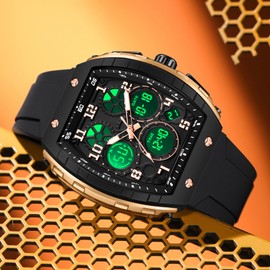 findtime Designer Watches for Men Unique Rectangle Dial Black Wristwatch with Digital Analog Dual Time Display Countdown Stopwatch Punk Cool Design 5ATM Waterproof