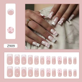 3D Press on Nails Long Square Bow False Nails White French Tip Acrylic Nails Cute Pink Fake Nails with Bow Pearl Design 3D Artificial Nails Acrylic Glue on Nails Long Stick on Nails for Women Girls