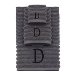 COTTON CRAFT Monogrammed 3 Piece Towel Set - 100% Cotton - Plush 600 GSM Sculpted Ribbed Super Zero Twist Bathroom Set - 1 Each of Bath, Hand, and Wash Towels - Soft Absorbent Luxury - Grey D