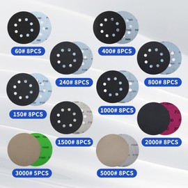 Pack of 71 Sandpaper 125 mm Velcro Set, Wet Dry Sanding Pads, 60/150/240/400/800/1000/1500/2000/3000/5000 Grit, 8 Hole and Without Hole, for 8 Hole Random Orbital Sanders