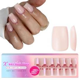 KQueenest Soft Gel x Nail Tips Natural Press on Nails Medium Short Square Semi-Transparent Gel Tip Nails Fake Nails Press ons Acrylic Nail with Tip Primer False Nails for Nail Art DIY, Nude Pink