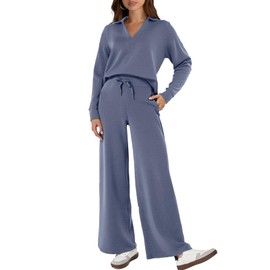 Glamaker Two Piece Sets For Women Fall Air Travel Essentials Sets 2 Piece Outfits Long Sleeve Sweatsuits Pants Sets (Blue Purple L)