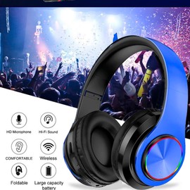 Kids Bluetooth Over Ear Headphones, Colorful LED Lights Headphones with Built-in Mic, Bluetooth 5.0, Wired and Wireless Foldable Stereo Headphones for Classroom/Home Office/Tablet/Airplane(Blue)