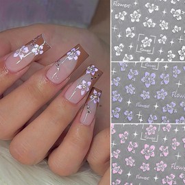 Flower Nail Stickers 5D Embossed Hollow Out Flower Nail Decals Pink Purple White Floral Designs Summer Cute Flowers Decals Pegatinas Uñas for Women DIY Manicure Decoration Accessories 3Sheets