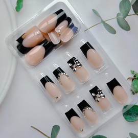 24Pcs Black French Tip Press on Nails Medium Square Fake Nails with 3D Silver Bow Rhinestones Charms Designs Glossy Full Cover Acrylic Nails Handmade False Nails Pink Stick on Nails for Women Girls