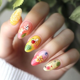Yellow Pink Flowers Press on Nails Fake Nails Almond Medium,Aqinmony with Designs False Nails, French Tip Full Cover Glue on Nails Almond Medium, Glossy Acrylic Thick Stick on Nails For Women 24Pcs YLW845