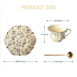 POWDONUNT Vintage Floral Porcelain Tea Cup and Saucer Set with Spoon, Gold Trim, 6.4 oz – Set of 2, Beige – Tea & Espresso & Coffee Cups (2, Beige)
