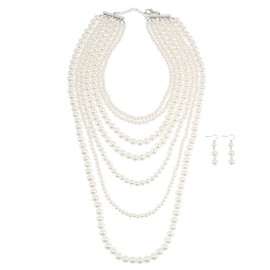 Borsgye Pearl Strand Choker Necklaces Pearl Statement Round Beads Necklace Bib Big Simulated Pearl Women's Faux Pearl Choker 20s Flapper for Brides Wedding Anniversary with Earrings - 6060