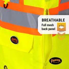 Pioneer Safety Vest for Men – Hi Vis Reflective Neon, Cool Mesh Back Panel, 12 Pockets, Zipper for Surveyor Work – Orange, Yellow/Green, V1010260U-3XL