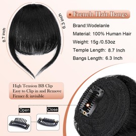 Wodelanle Bangs Hair Clip in Bangs,100% Human Hair Fake Bangs Clip on Bangs Dark Black,Faux Bangs Clip in Hair Extensions,French Bangs Fringe With Temples Hairpieces Curved Bangs for Daily Wear