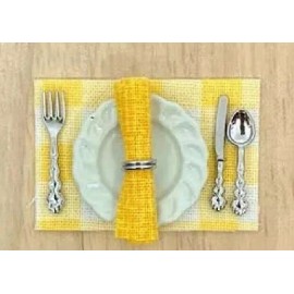 FMO 2 Dollhouse Table Settings, Yellow Placemats, Plates, Napkins, and Cutlery for 2