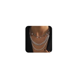 Octwine Silver Gold Star Layered Choker Necklaces for Women Simple Layering Bar Tassel Chunky Stacked Pendant Necklace Set of 3 for Women (Silver)