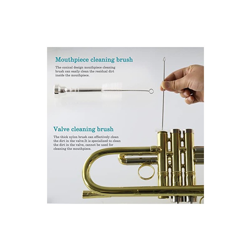 Trumpet Cleaning Brushes Kit,3-Piece Kit,1 Flexible Brush,1 Valve Brush,1 Mouthpiece