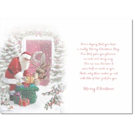 doodlecards Niece and Husband Christmas Card Santa with Parcels Medium Size Christmas Card for Niece & Husband with Plain Envelope