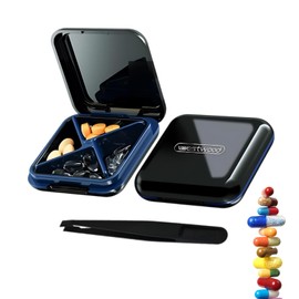 Pill Box Small, Travel Pill Box, Compact Pill Organizer with 4 Compartments, Includes Plastic Tweezers, Ideal for Daily Medication and Travel Use