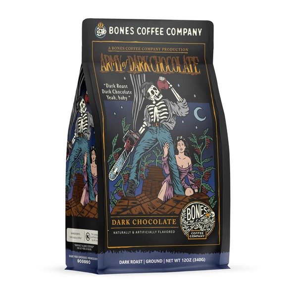 Bones Coffee Company Army Of Dark Chocolate Flavored Ground Coffee Beans | 12 oz Dark Roast Arabica Low Acid Coffee | Gourmet Coffee Gifts & Beverages (Ground)