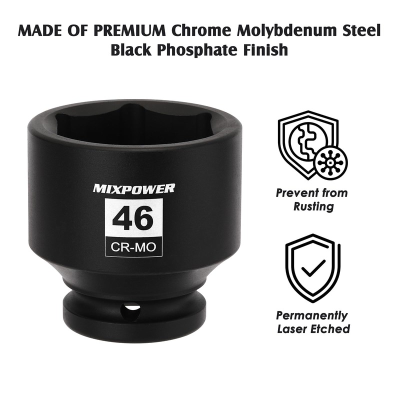MIXPOWER 3/4" Drive Shallow Impact Socket, 46mm, CR-MO, Metric, 6