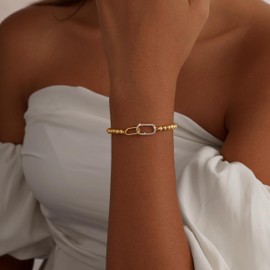 Pancert Gold Beads Bracelets for Women 14K Gold Plated Stretch Bracelets Stackable Newton Bracelets Gold Charm Paperclip CZ Jewerly Cute Stocking Stuffers for Women Trendy