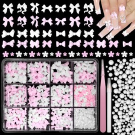 Pink White Bow Nail Charms Kit, 3D Bows Bow Tie Nail Art Charm Flowers Resin Nails Charms Flatback White Pearls, Mixed Bows Bowknots Charm for Acrylic Nails Art DIY Accessories