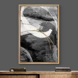 Color-Banner Framed Canvas Print Wall Art Gold Black White Watercolor Collage Abstract Shapes Illustrations Minimalism Contemporary Boho Relax/Calm for Living Room, Bedroom, Office - 16"x24" Natural