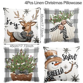 Christmas Cushion Covers - Christmas Decorations Pillow Cases 45 x 45cm Set Of 4 Grey And White Throw Pillow Cover, Snowflake Stag Cushions Xmas Cushion Covers For Home Sofa Living Room Decorations
