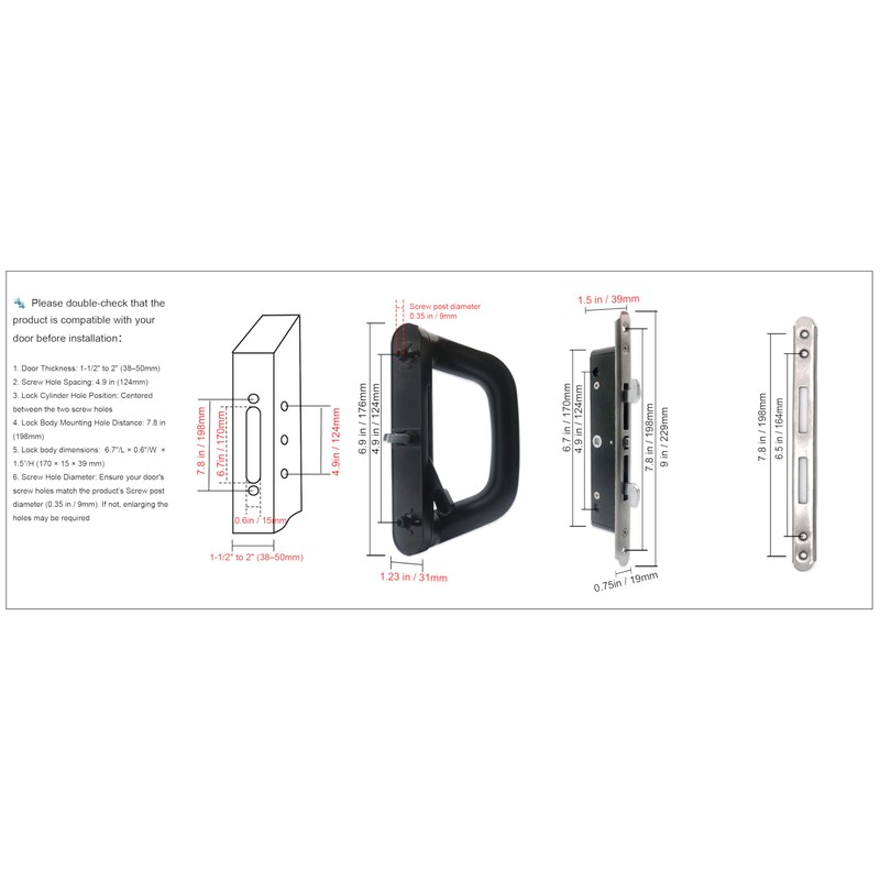 ALLYWASAI Sliding Patio Door Handle Set with Mortise Lock, Suitable