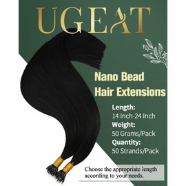 Ugeat Nano Bead Hair Extensions Black Nano Tip Hair Extensions Human Hair Jet Black Nano Link Cold Fusion Black Human Hair Extensions for Women 50g 50s 18 Inch