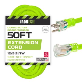 Iron Forge Cable Weatherproof 50 Ft Outdoor Extension Cord - 12/3 SJTW 15 Amp Heavy Duty Light Green High Visibility Cable with 3 Prong - Lighted End