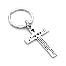 Ldurian Cross Keychains for Christian - Christian Key Chain for Men Stainless Steel Religious Key Rings Bible Verse Keychain, Stainless Steel, 2 Timothy 1:7
