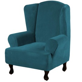 H.VERSAILTEX Wingback Chair Covers Velvet Plush Wing Chair Slipcover 1 Piece High Stretch Wing Back Chair Slipcovers Sofa Cover Furniture Cover with Elastic Bottom, Deep Teal