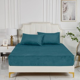 Velvet Fitted Sheet, 90 x 200 cm, Teal, Warm, Winter, Box Spring Bed Sheet, Terry Cloth Fitted Sheet, Microfleece, Fleece Fitted Sheet Set, 90 x 200 cm Fitted Sheet for High Mattress up to 25–30 cm