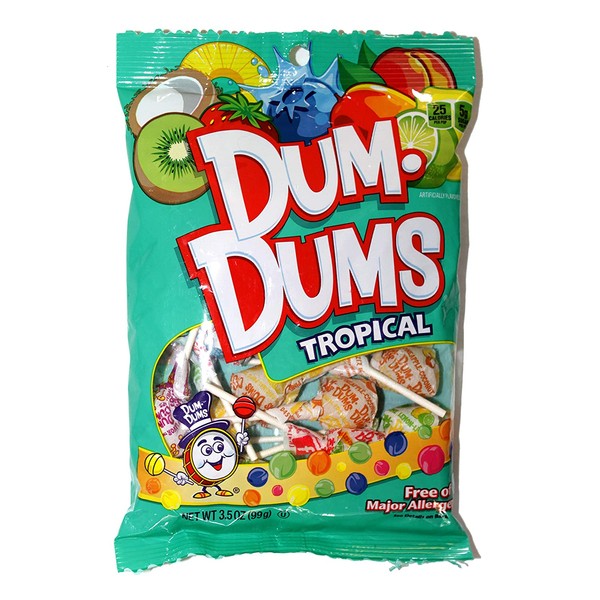 Dum-Dums (1) bag Tropical Assorted Flavors Lollipop Candy - Free of Major Allergens 3.5 oz