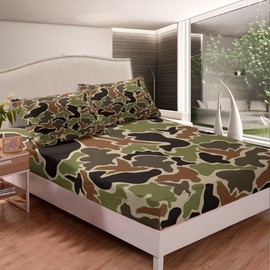 Feelyou Duck Hunter Green Camouflage Hunting Sheet Set Queen Size Kids Black Brown Sheets with Deep Pocket Fitted Sheet for Boys Teens Camo Army Bed Sheets Set Breathable Wild Bedding Set Room Decor