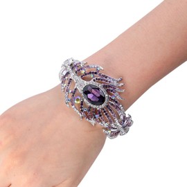 EVER FAITH Silver-Tone Austrian Crystal Vintage Style Peafowl Feather Bangle Bracelet Purple