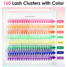 Colorful Lash Clusters, 160 Pcs Colored Lash Extensions D Curl 10-16mm Mixed, DIY Extensions for Anime Cosplay Eye Makeup (Multi-colored, 10, 14,16 Mm)