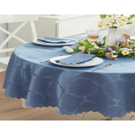 Newbridge Oval Fabric Tablecloth, 60 x 102 Inch, Summer Ribbons and Bows Damask, Wrinkle and Stain Resistant Fabric Table Cloth for Parties Picnics Barbecues and Fine Dining, Blue
